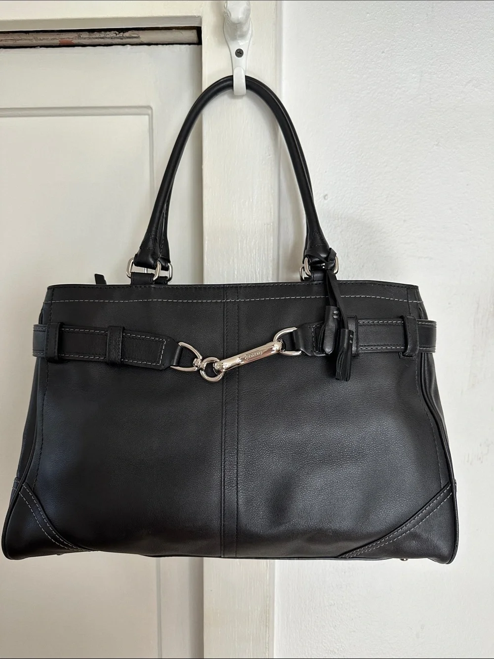 Coach Hampton Black Leather Carryall Tote with Silver Hardware